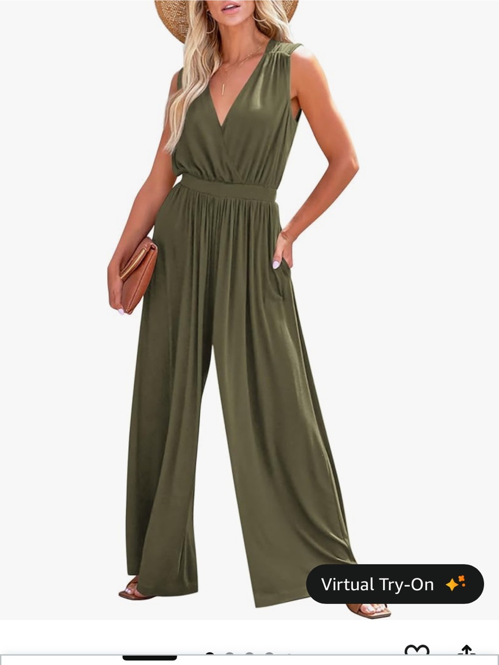 Sleeveless Olive V-Neck Wide-Leg Jumpsuit